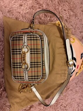 Burberry Beige Check Crossbody with Gold Chain and Silver Trim